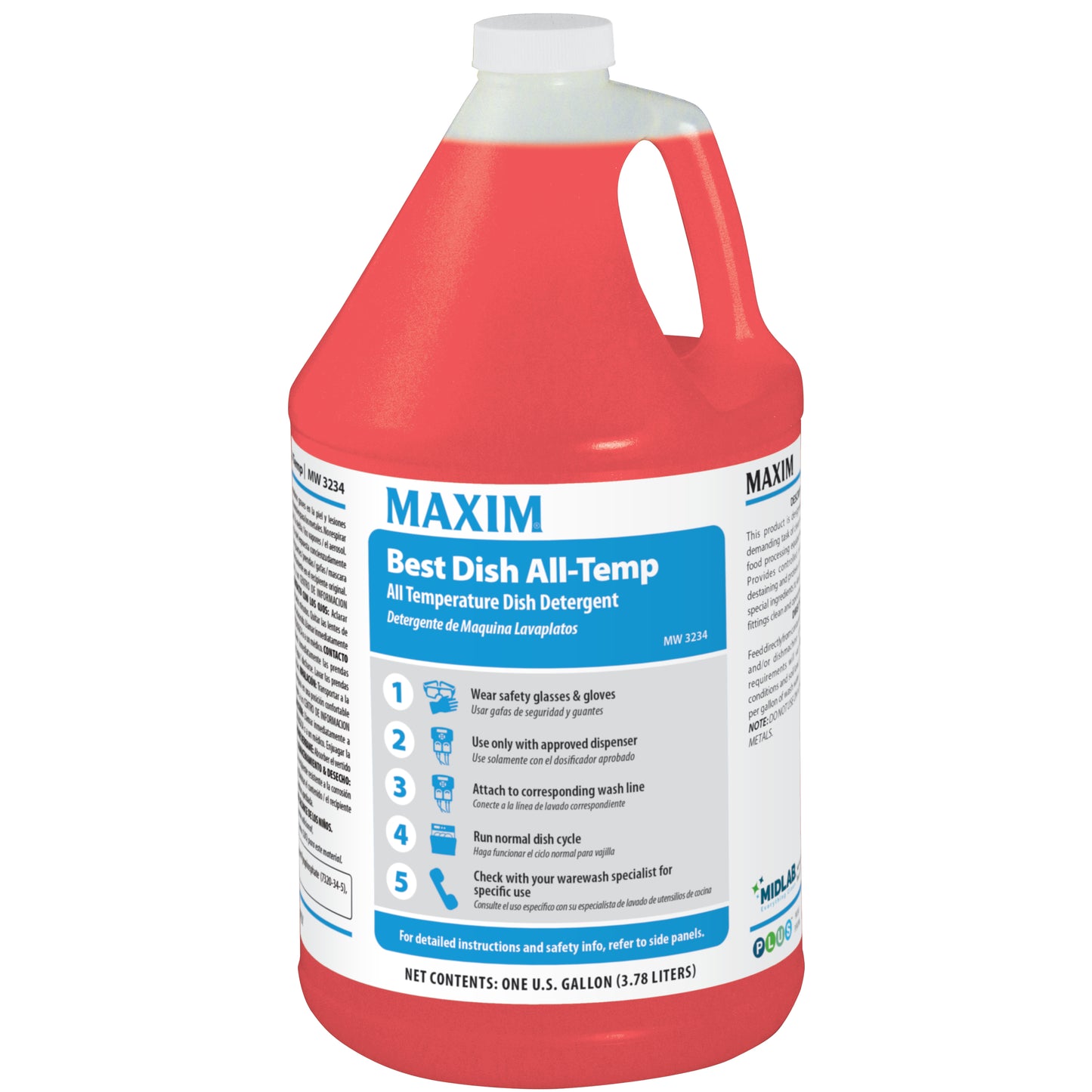 Midlab Inc. Maxim Best Dish ALL-Temp Detergent 1 Gallon, No Scent, MW3234 4 / cs