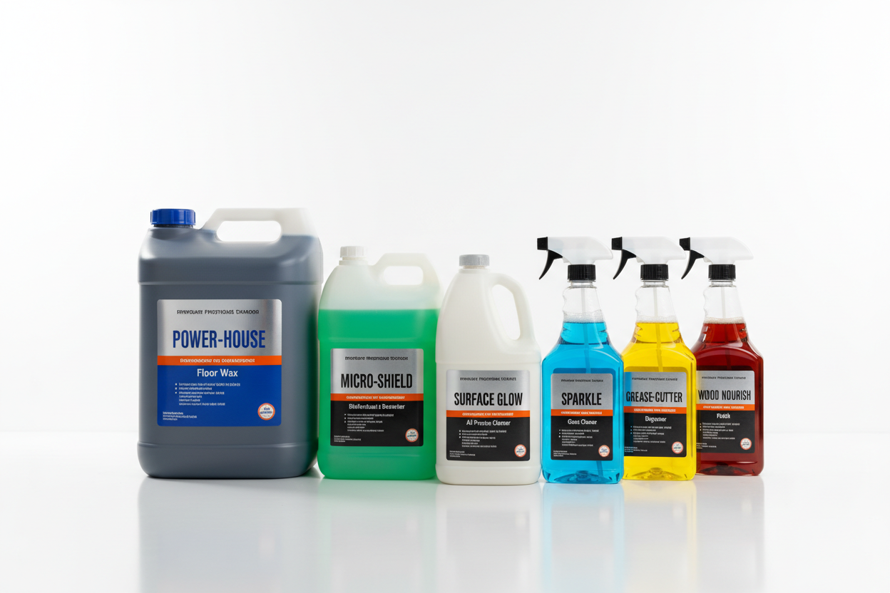 5 gallon, 1 gallon, quart bottle, spray bottles of waxes, disinfectants, and cleaners