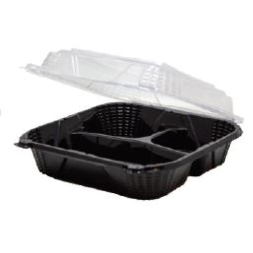 9.25" x 9" x 3" Black Base Clear Lid 3 Compartment Hinged Container